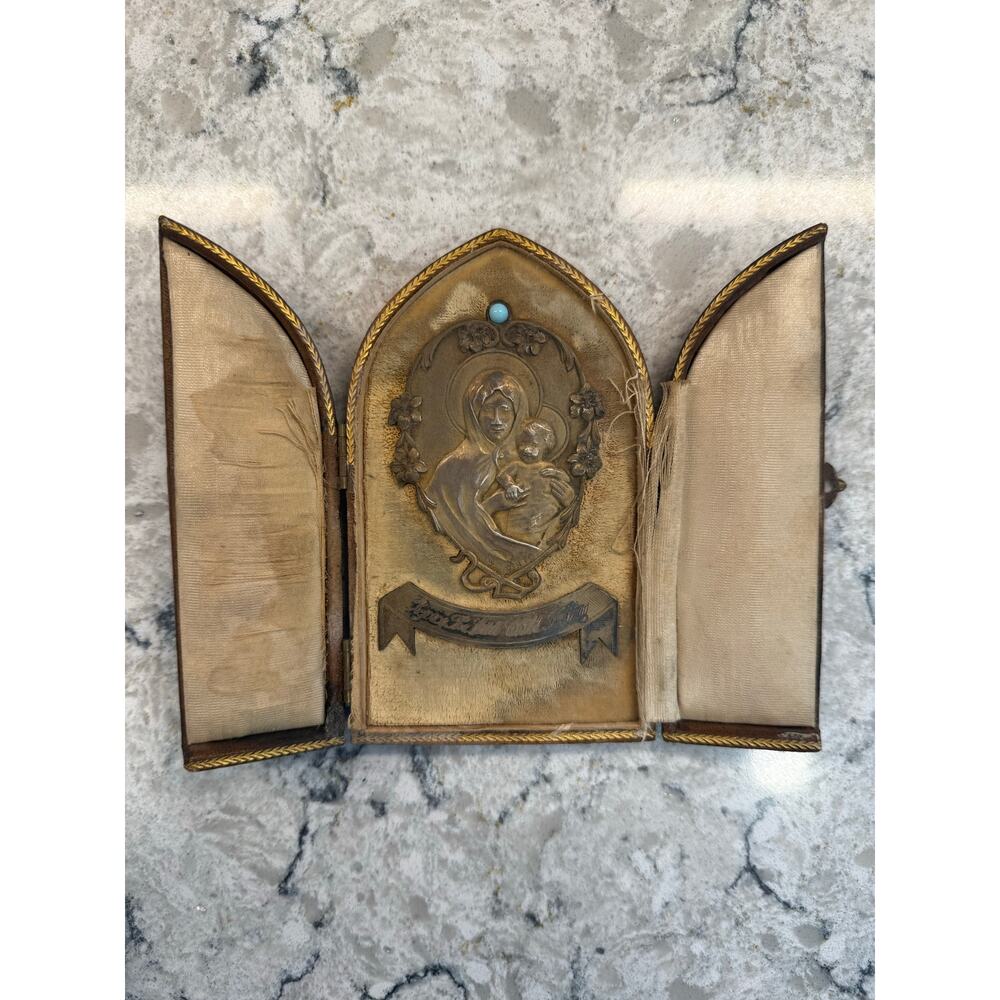Rare 1800s Antique Religious Triptych Plaque Madonna & Child Mary & Jesus JL